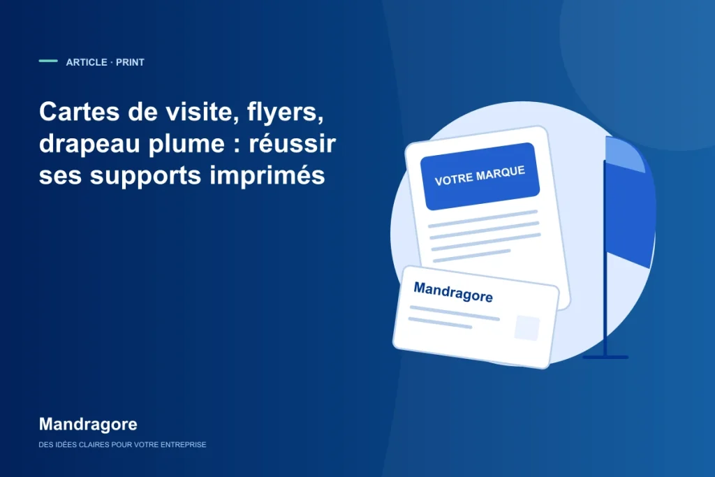 Cartes de visite, flyer et drapeau plume aux couleurs de l’entreprise.